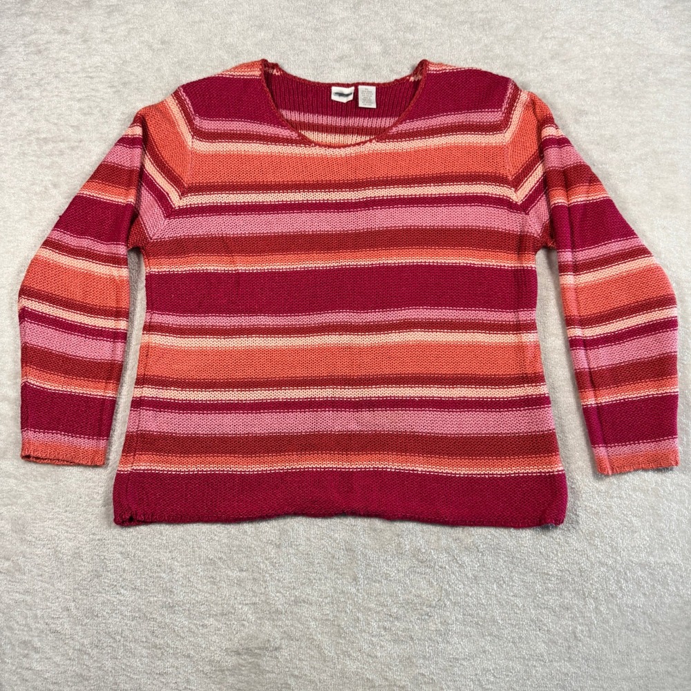 Cherokee Womens XL Striped Knit Sweater Red Pink Orange Scoop Neck Ramie Blend